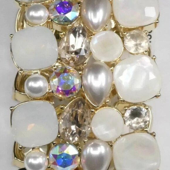 INC GoldTone Faux Pearl Crystal White Stone Cluster Stretch Bracelet New w/ Tags - Picture 2 of 7